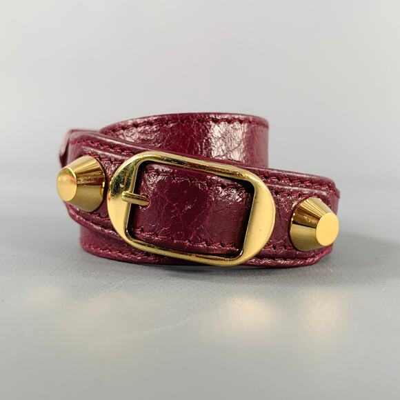 BALENCIAGA Burgundy Gold Studded Leather Bracelet - Picture 1 of 7